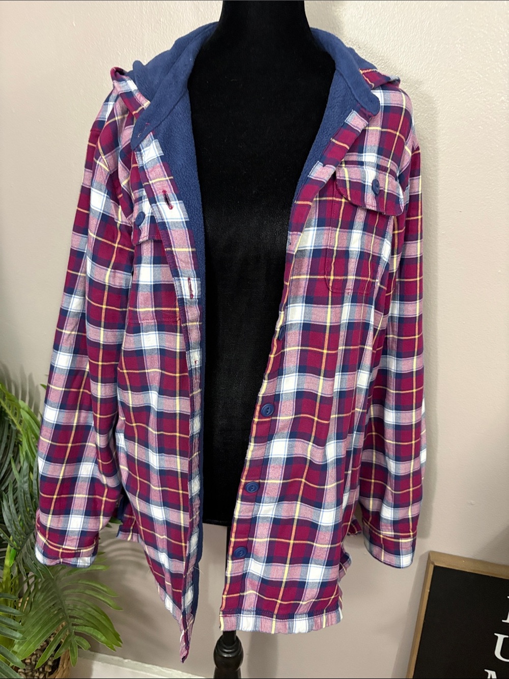 L.L. Bean Maroon Plaid Hooded Flannel Shirt Jacket with Blue Hood Women’s Medium